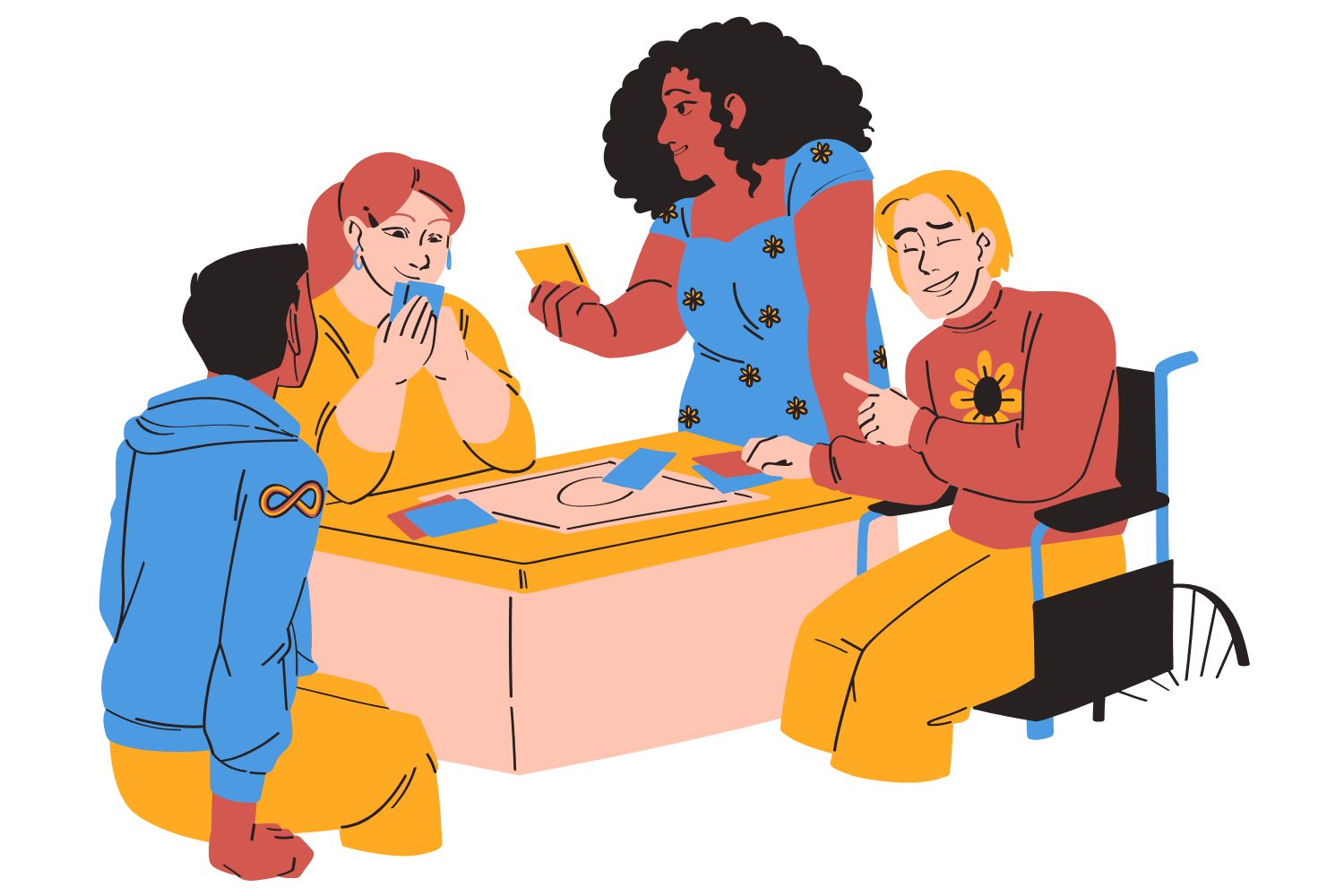 Illustration showing a diverse team collaborating around a table, sharing ideas and working together